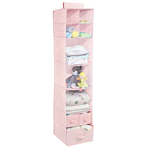 Image of mDesign Fabric Hanging Organizer - Over Closet Rod Storage with 7 Shelves and 3 Removable Drawers for Baby Nursery Bedroom Organization - Holds Clothes, Toys, Accessories - Pink/White Polka Dot