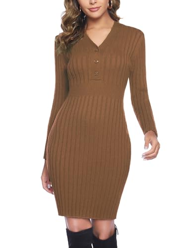Wayleb Strick Minikleid Damen Elegant V-Neck Langarm Casual Alltagskleid Herbst Winter Karamell L