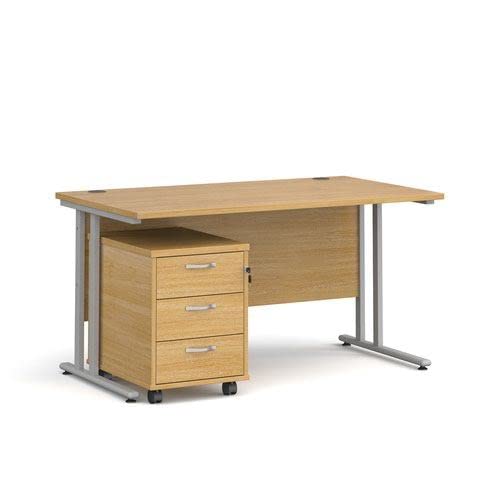 Office Monster Cooper straight desk 1400mm x 800mm with silver cantilever frame and 3 drawer pedestal - oak