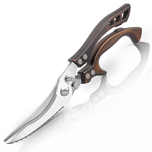 Forbici da cucina in acciaio inox, ultra affilate per pollame in metallo, con serratura di sicurezza per tagliare carne, pesce, pollo, tacchino, barbecue, verdure, erbe aromatiche (manico in legno)