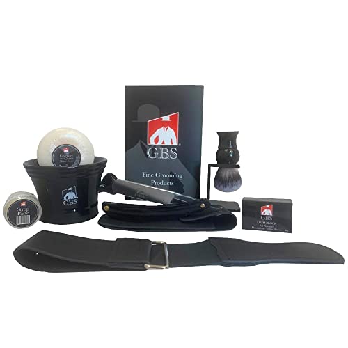 G.B.S All Complete Wet Shaving Kit- For Ultimate Vintage Style Wet Shaving Includes Razor + Case, Shaving brush + Stand, Shave Soap, Ceramic Mug/bowl, Razor Strop (Black Edition) Christmas Day Gift