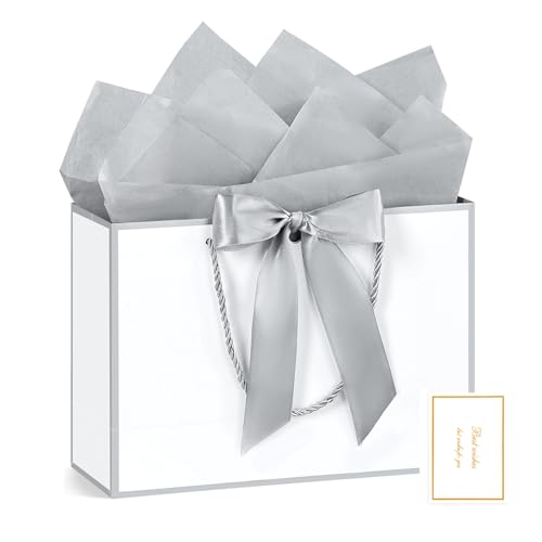 Image of JMANNI Gift Bags with Handles, 13 inch Medium Gift Bag for Presents, 1 Pcs Bags with 2 Tissue Paper and 1 Cards for Baby Shower Wedding Bridal Shower Mother's Day Birthday Party (Silver)