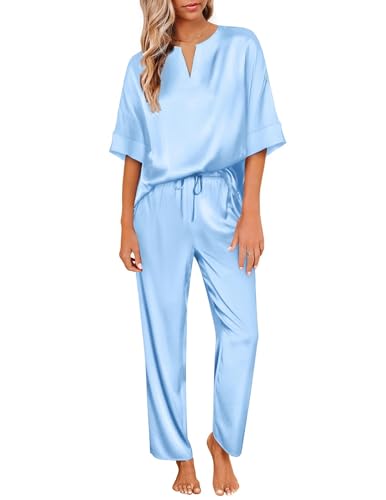 Image of Ekouaer Mens Satin Pajamas Set Button-Down Short /Long Sleeve Shirt Top Soft Silk Sleepwear Loose Pocket Pant Loungewear