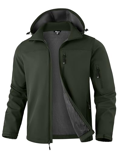 Pudolla Men's Softshell Jacket Fleece Lined Water Resistant Hooded Winter Coats for Men Outdoor Work Hiking with Pockets(Army Green X-Large)