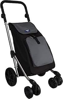Baggage World Eagle London Folding Shopping Trolley (6 Wheels) Chrome Steel Frame Wheeled Shopping Cart Grocery Rolling Premium Push Wheel Bag (Black Grey), 93D x 45W x 54H centimetres