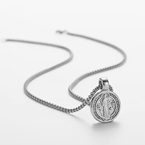 St Benedict Exorcism Medal Pendant Necklace Men's Stainless Steel Catholic Roman Patron Saint Pendant, Round Antiqued Religious Cross Protector Talisman Pendant4