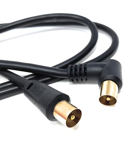 Image of DRUT 1.5m TV Male to Male Plug Coaxial Cable RG6 Aerial Digital Antenna RF Fly Lead Cable (Right Angle, Black Gold, 5ft.)