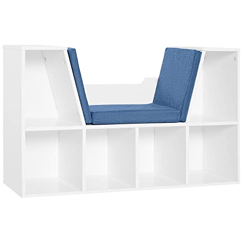 HOMCOM Bibliothèque Banc 2 en 1 Design Contemporain 6 casiers 3 Coussins fournis 102L x 30l x 61H cm Blanc Bleu