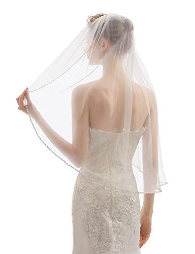 Elawbty Womens 1 Tier Fingertip Length Short Crystal Beaded Wedding Bridal Veil With Comb X09 White #TOP4
