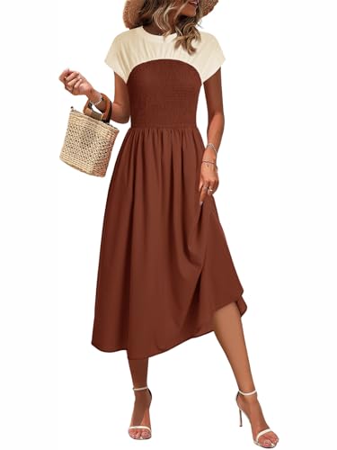 Image of Wenrine Womens Casual Summer Midi Dress Smocked Cap Sleeve Crew Neck Color Block A Line Flowy Beach Dresses