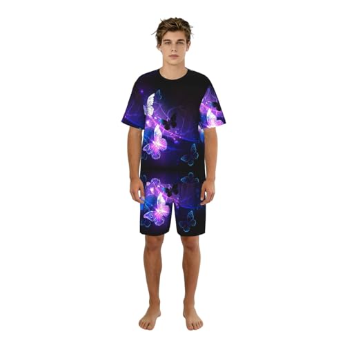 Pyjama court imprimé papillons violets et blancs en coton léger d'été pour femme