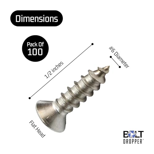 Bolt Dropper #6 x 1/2'' Stainless Steel Flat Head Phillips Wood Screw (100 Pack), 18-8 (304) Stainless Steel Sheet Metal Screws - Type A Point, Plain Finish