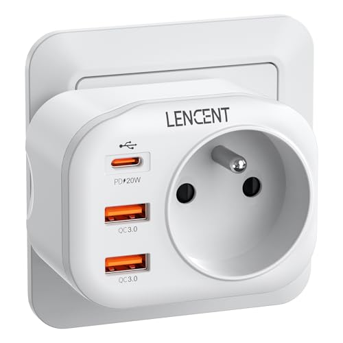 LENCENT Prise USB Secteur Chargeur Rapide 20W et QC3,0 4 en 1 avec 1 Prise, 1 Type C et 2 USB Multiprise Un Mini pour Chambre Cuisine Bureau 4000W Compatible...