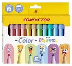 Caneta Hidrográfica, Compactor Color, Pastel, 12 cores, Estojo
