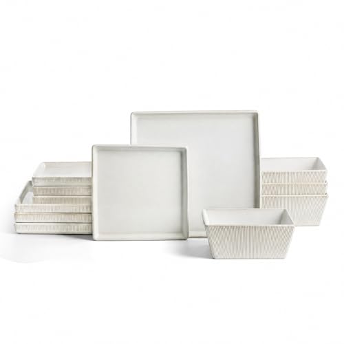 Image of Stone Lain Grace Stoneware 12-Piece Modern Square Dinnerware Set, Ribbed Plates and Bowls Set, White