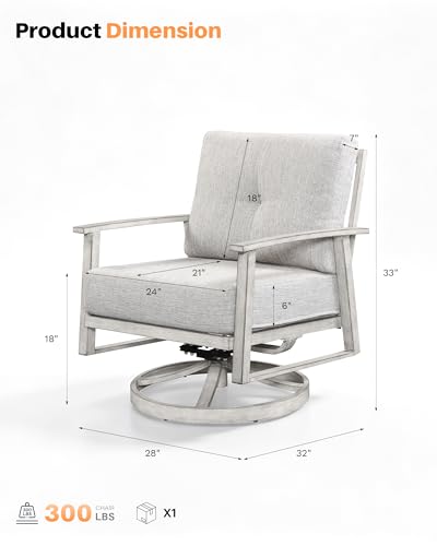 Image of Outdoor Swivel Sofa Chairs Set of 2, Never Rusts All-Aluminum Outdoor Swivel Armchairs Set with Thick Cushions, 2-Piece All Weather Patio Sofa Chairs for Garden, Poolside, Lawn, White Oak
