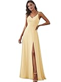 Ever-Pretty Women's A Line Spaghetti Straps V Neck Long Chiffon Asymmetry Prom Dress with Slit Yellow 18