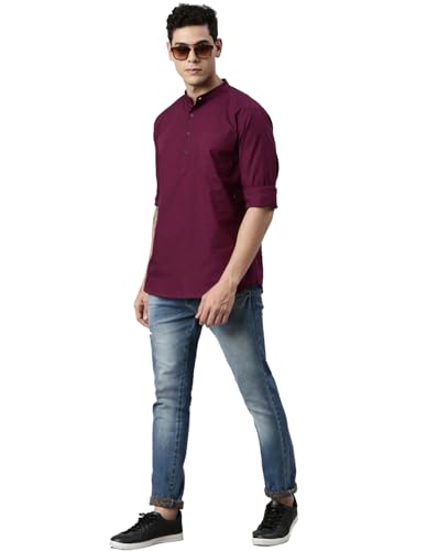 Image of KRYPTIC Men's Full Sleeve Regular Fit Short Kurta in Premium Pure Cotton with Patch Pocket and Mandarin Collar - Perfect Blend of Style and Comfort