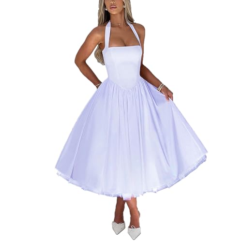 Image of Women Summer Halter Dress Low Cut Sleeveless A Line Tulle Swing Flowy Tea Length Dress Corset Prom Formal Ball Gowns