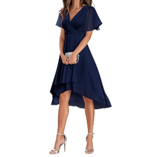 sliemxm Abendkleider V Ausschnitt Rüschenärmel Chiffon Knielanges Abendkleid Hohe Taille A-Linie Chiffon Brautjungfernkleid High Low Festliche Kleider Elegant für Hochzeit Party Kleider