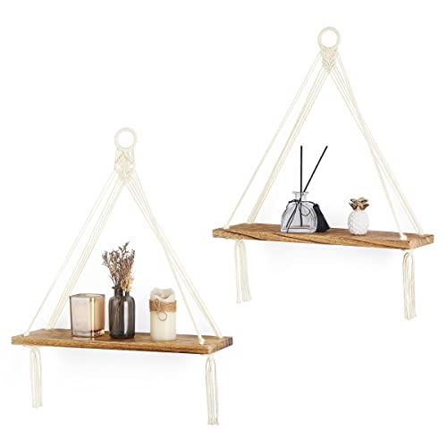 Dahey Macrame Hanging Shelf Boho Wall Decor 2 Pack Rustic Wood Floating Shelves for Nursery Bedroom Bathroom Living Room College Dorm Room Storage Display Shelves for Hanging Plants Photos by Dahey - Used condition - CA$22.65