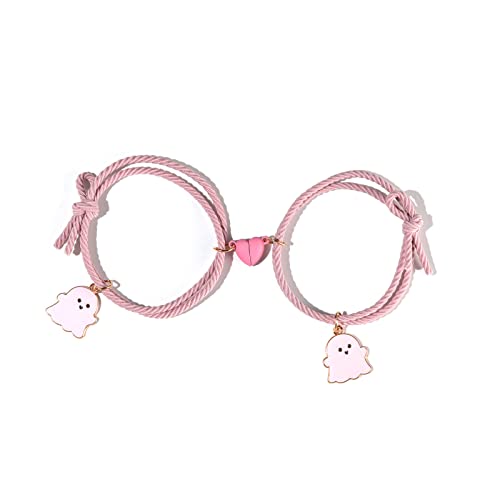 Image of 2Pcs Love Heart Couple Matching Bracelet Set Adjustable Braide Rope Halloween Mummy Ghost Pumpkin Hat Wizard Bracelet for Women Men Lover Friend Friendship Jewelry