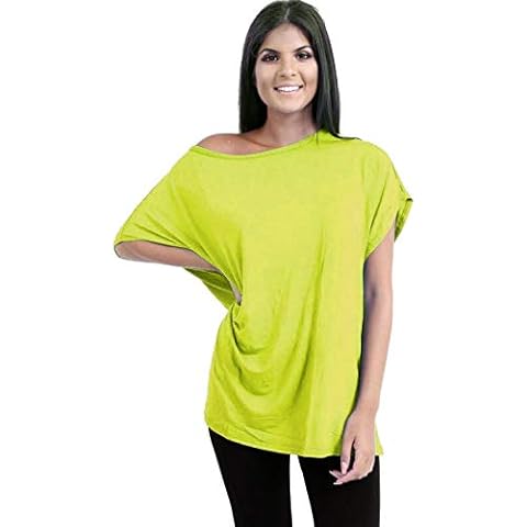 Hamishkane New Ladies Batwing Sleeve Plain Off The Shoulder Bardot Oversize T-Shirt Mini Top Neon Yellow Cover