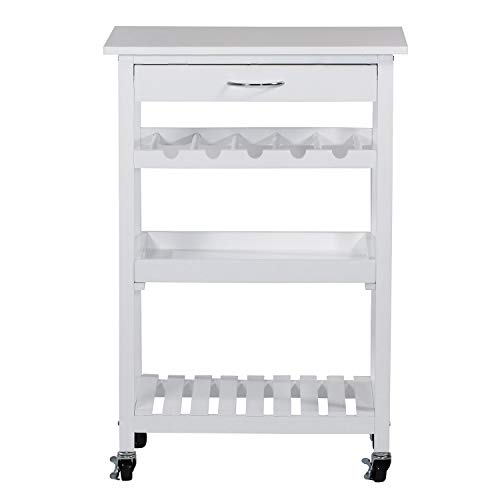 Rolling Wooden Pine Kitchen Storage Utility Cart on Wheels 4-Tier with Drawer, Removable Serving Tray, Open Shelf and 5-Bottle Wine Rack, White
