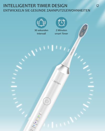 Lächen Elektrische Zahnbürste, Lächen Schallzahnbürste, 5 Reinigungsprogramme mit Reiseetui, 6 Zahnbürstenköpfe, wiederaufladbar, IPX7 wasserdicht, Weiß – Bild 7