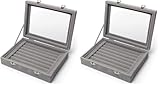 igadgitz home U6997 - Caja Anillo Caja Joyero Organizador de Anillos con Forro de Terciopelo Ring Box - Anillos, Aretes, Gemelos - Gris - Medio (Paquete de 2)