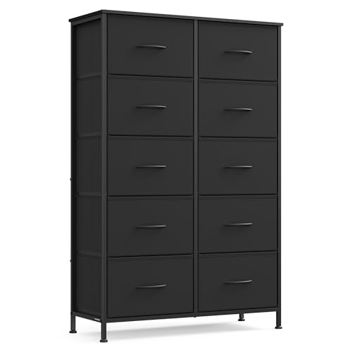 SONGMICS Dresser for Bedroom, Chest of Drawers, Steel, MDF, 10 Non-Woven Fabric Drawers, Storage Organizer Unit, Closet, Entryway, Rustic Brown and Ink Black ULGS125B01S
