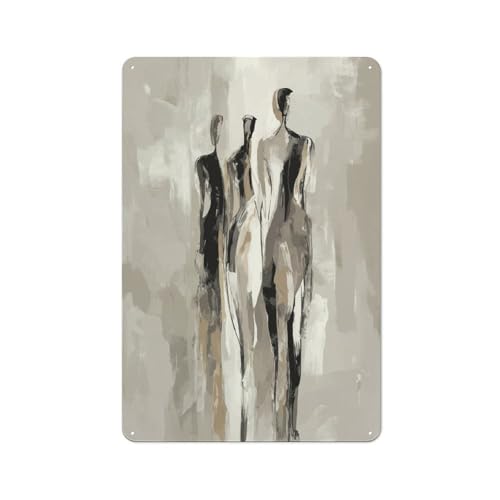 Letreros abstractos de metal de estaño con tres figuras altas en blanco y negro, decoración de pared para bar, pub, club, cafetería, granja, blanco, 30 x 20 cm