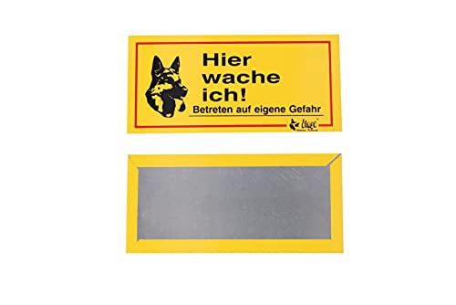 Dingo Gelb Mettal Schild Warnschild Hier Wache ich! Betreten auf eigene Gefahr für Tor, Zaun 21x10 cm 17225