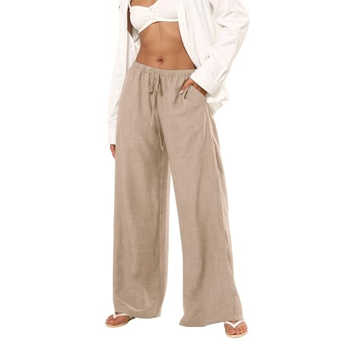 Low Rise Linen Pants Women Wide Leg Baggy Lounge Pants Casual Drawstring Elastic High Waist Boho Flowy Beach Trosuers2