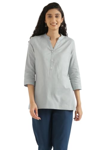 Image of SAADAA Women Short Kurti Airy Linen Regular Fit Kurta with 3 /4th Sleeves, Mandarin Collar, Side Slit Perfect for Casual, Formal, and Ethnic Wear