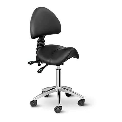 Physa Siège Selle de cheval avec Dossier 90-120°, 55-69 cm, 150 Kg, Pivotant, roulettes, Noir Assis Debout Ergonomique Tabouret de travail pour salon, spa, massage