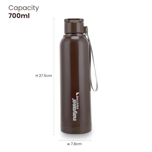 Image of Nayasa Pristine 700ml Water Bottle | BPA-Free Plastic with Insulated Stainless Steel Inner | Leak-Proof Twist Cap | For Office, School, Gym, Travel, and Outdoor Use | Brown