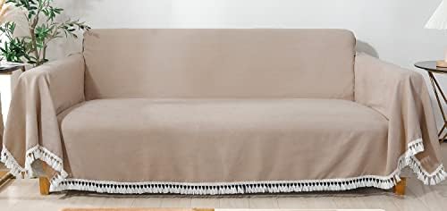 BESTSWEETIE Couch Cover for 3 Cushion Couch Sofa Couch Cover for Dogs Sofa Covers for 3 Cushion Couch Recliner Sofa Cover Suede Couch Cover with Tassels(Large,Beige)