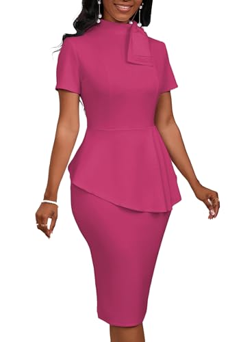 Image of PerZeal Women's Fashion Peplum Bodycon Short Sleeve Work Dresses Bow Club Ruffle Pencil Formal Cocktail Dress