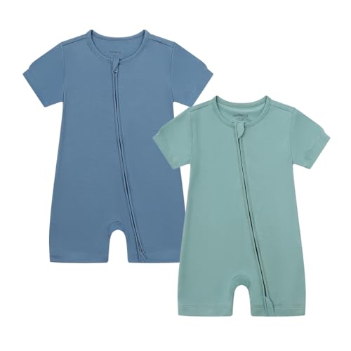 Image of JunNeng Baby 2 Pack Rayon of Bamboo Romper Sleeper 2 Way Zipper Short Sleeve Jumpsuit Zipper Footless One-piece