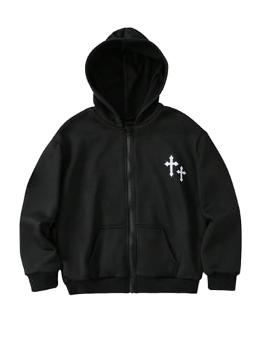 Floerns Boy's Cross Print Hooded Sweatshirts Zip Up Long Sleeve Grunge Jacket with Pocket