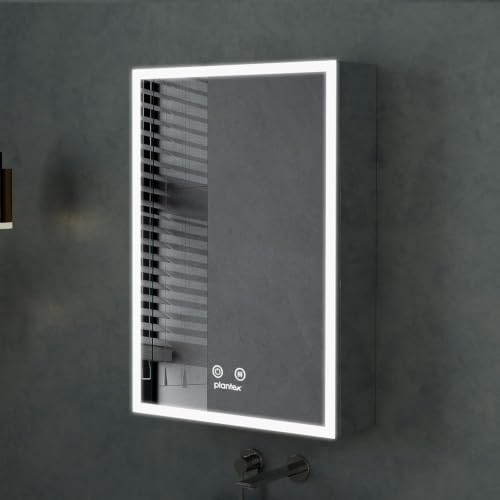 Image of Plantex 304 Stainless Steel Bathroom Mirror Cabinet /Mirror Cabinet for Wash Basin /Bathroom Organiser with Mirror -Chrome (16x24 Inch /LED, Defogger & Bluetooth)