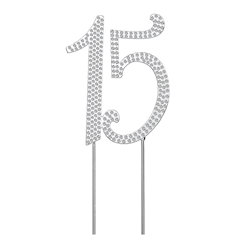 Decoración de la torta de plata número 15,diamantes de imitación con purpurina magdalena soporte, palillos de dientes figuras de azúcar para la boda del 15 aniversario de la fiesta de cumpleaños