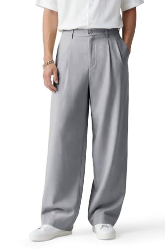 Heyfanee Stoffhose Herren Bundfaltenhose Weite Baggy Hose Männer Business Anzughose Komfortbund Chinohose Hellgrau 36W30L