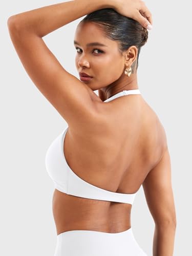 Image of YEOREO Halter Sports Bras for Women Low Impact Removable Padded Adjustable Deep V Bra Seamless Workout Gym Crop Tops