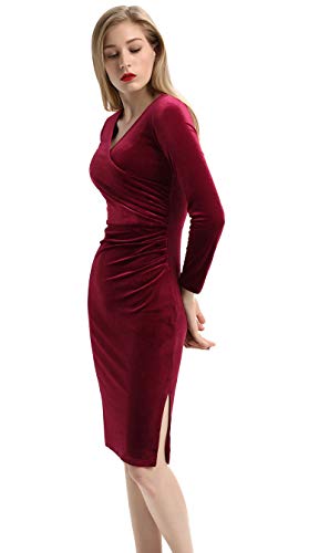 Women's Vintage Long Sleeve V-Neck Velvet Pencil Dress Wine Size L BP743-2