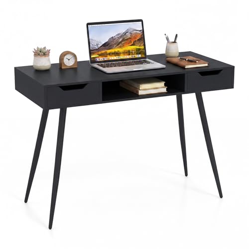 Image of Tangkula Mid Century Modern Computer Desk, Writing Desk with 2 Drawers & Open Center Storage, Small Wooden Study Table for Home Office & Compact Spaces (Black)