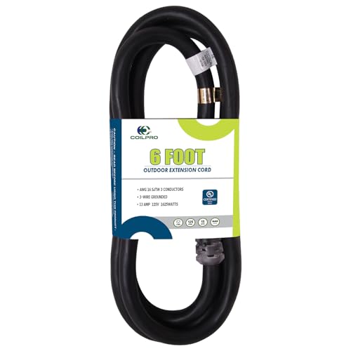 CoilPro 6FT Outdoor Lightweight Extension Cord-16/3 SJTW Durable Extension Cable with 3 Prong Suitable for Gardens