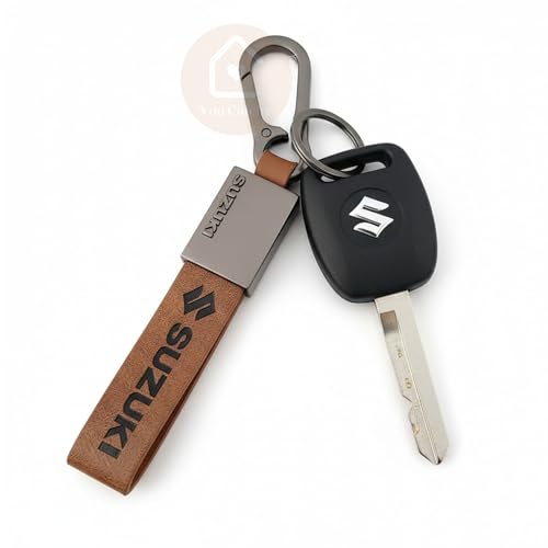 Image of Premium Leather Keychain Metal Hook Compatible with Durable Faux Leather Brown Strap with Heavy-Duty Alloy Clip Stylish Bike & Car Key Holder