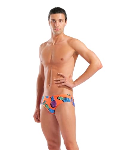 ARENA Performance Men's Pineapples Swim Brief Chlorine Resistant Swimwear Athletic Swimsuit Practice Pool Training Competitive Bathing Suit, Team Orange Multi, US Size 34